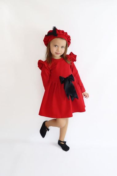 طقم فستان سهرة بفيونكة قطنية حمراء للفتيات الصغيرات من صوفيا - صورة 2