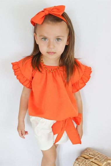 طقم شورت للفتيات الصغيرات باللون البرتقالي المشمس بياقة مادونا من الأعلى والأسفل TKM-0132.11 - صورة 4