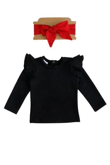 Girl's Long Sleeve Shoulder Ruffle Bodysuit and Red Giant Bow