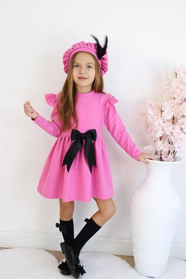 Kız Çocuk Pembe Sofia Pamuklu Fiyonk Detaylı Elbise Kep Abiye Takım - fotoğraf 1
