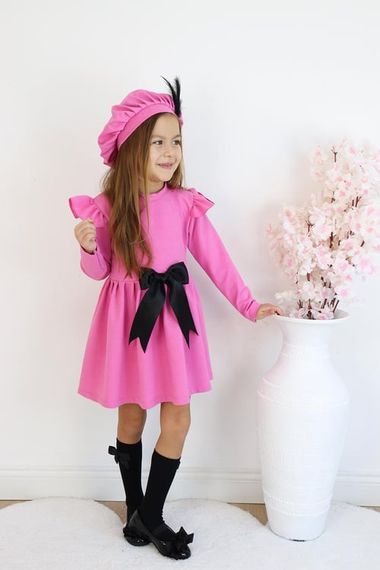Рожевий вечірній костюм з бавовняним бантом і кепкою для дівчинки - фото 4