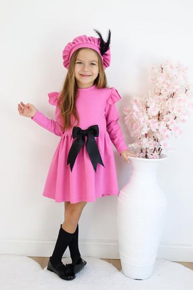 Рожевий вечірній костюм з бавовняним бантом і кепкою для дівчинки - фото 3