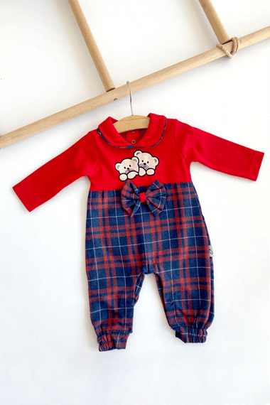 Navy Blue Red Jumpsuit / Teddy Bear Pattern