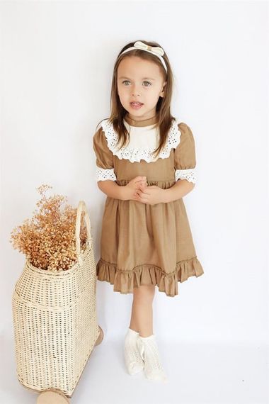 Kız Bebek Ruby Kahverengi Fırfırlı Dantel Detaylı Kısa Kollu Elbise Bandana Takım ELB-0070.16 - fotoğraf 1