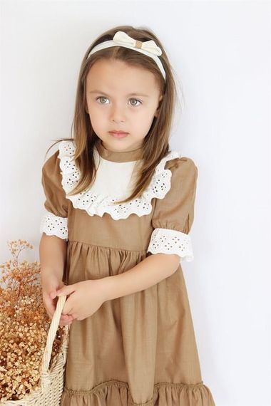 Kız Bebek Ruby Kahverengi Fırfırlı Dantel Detaylı Kısa Kollu Elbise Bandana Takım ELB-0070.16 - fotoğraf 2