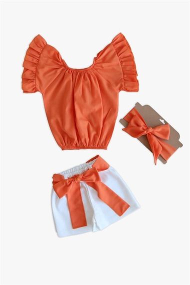 Baby Girl Sunny Orange Madonna Collar Shorts Bandana Top and Bottom Set TKM-0132.11 - photo 1