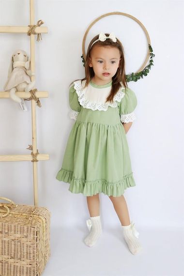 Baby Girl Ruby Green Ruffled Lace Detailed Short Sleeve Dress Bandana Suit ELB-0070.7 - photo 3