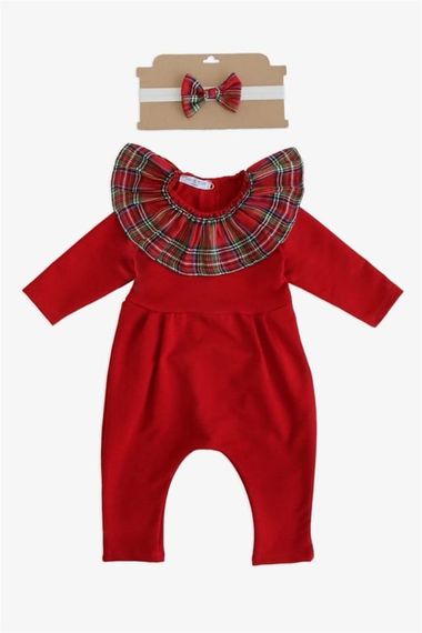 Girl's Red Plaid Collar Snap Detailed New Year's Jumpsuit Salopet TLM-0058 - photo 5