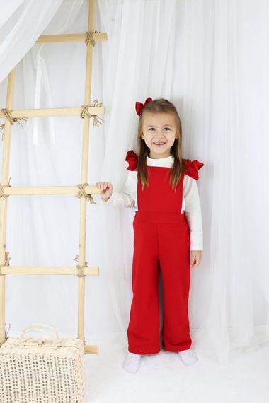 Girl's Berlin Red Cotton Frilly Tie Detailed Jumpsuit Salopet Buckle Suit TLM-0055.3 - photo 1