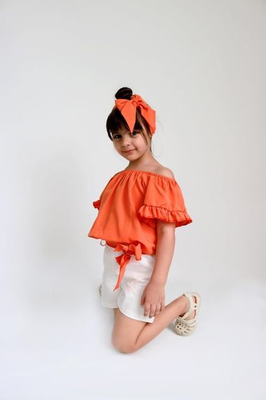 Girl's Sunny Orange Madonna Collar Shorts Bandana Top and Bottom Set TKM-0132.11 - photo 2