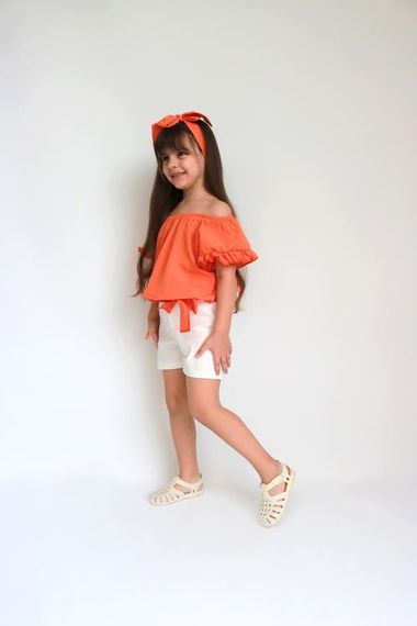 Girl's Sunny Orange Madonna Collar Shorts Bandana Top and Bottom Set TKM-0132.11 - photo 5