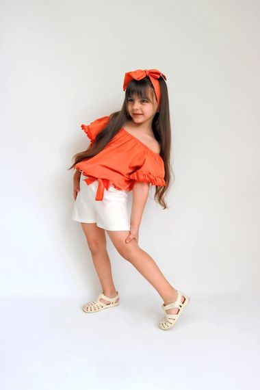 Girl's Sunny Orange Madonna Collar Shorts Bandana Top and Bottom Set TKM-0132.11 - photo 4