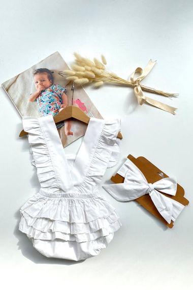 Baby Girl White Cotton Salopet Bandana Set TKM-0037 - photo 2