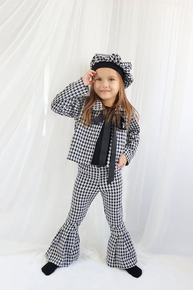 Girl's Black Lisbon Jacquard Plaid Jacket Trousers Cap Bottom Top Set TKM-0179.2 - photo 2