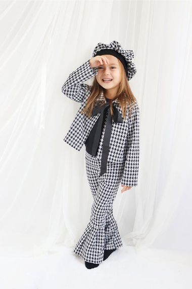 Girl's Black Lisbon Jacquard Plaid Jacket Trousers Cap Bottom Top Set TKM-0179.2 - photo 1