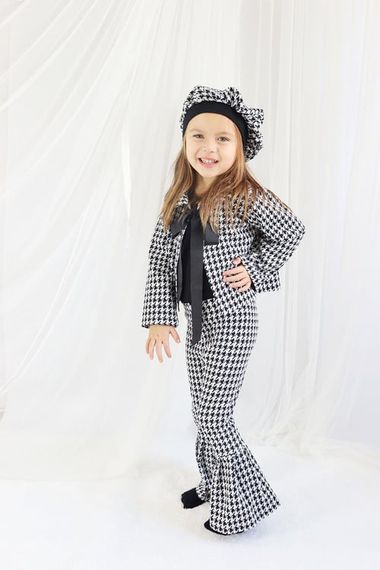 Girl's Black Lisbon Jacquard Plaid Jacket Trousers Cap Bottom Top Set TKM-0179.2 - photo 4