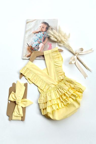 Baby Girl Yellow Cotton Salopet Bandana Set TKM-0033 - photo 1