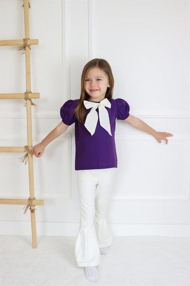 طقم بناتي Lilium Purple Blouse كريمي وبنطلون علوي وسفلي TKM-0186.13 - صورة 5