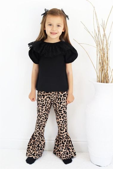 Girl's Bright Crew Neck Lace Detailed short-sleeved Black Blouse Leopard Spanish Leggings Trousers Soild Bottom Top Evening Dress 3 Piece Suit TKM-0191.57 - photo 2