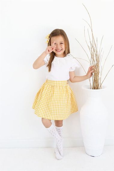 Girl's Daisy Crew Neck Lace Detailed Short Sleeve Blouse Plaid Skirt Buckle 3 Piece Set TKM-0189.4 - photo 1