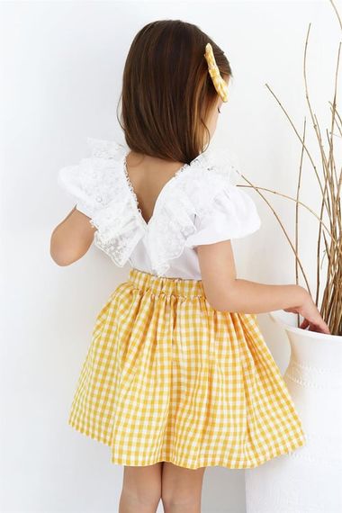 Girl's Daisy Crew Neck Lace Detailed Short Sleeve Blouse Plaid Skirt Buckle 3 Piece Set TKM-0189.4 - photo 4