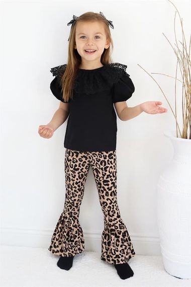 Girl's Bright Crew Neck Lace Detailed short-sleeved Black Blouse Leopard Spanish Leggings Trousers Soild Bottom Top Evening Dress 3 Piece Suit TKM-0191.57 - photo 1