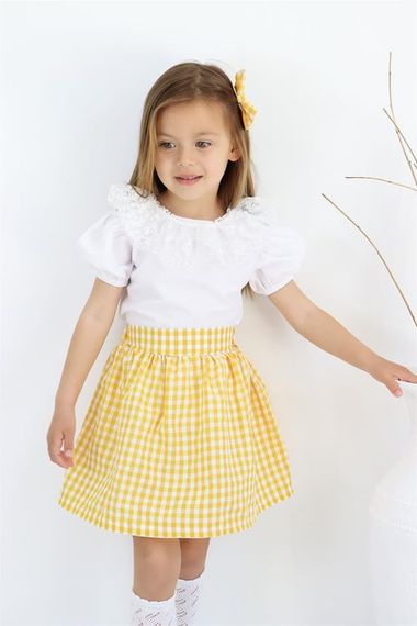 Girl's Daisy Crew Neck Lace Detailed Short Sleeve Blouse Plaid Skirt Buckle 3 Piece Set TKM-0189.4 - photo 2