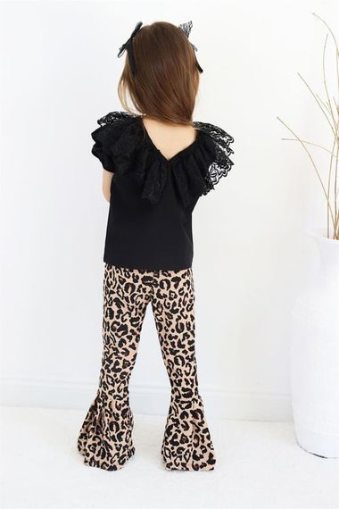 Girl's Bright Crew Neck Lace Detailed short-sleeved Black Blouse Leopard Spanish Leggings Trousers Soild Bottom Top Evening Dress 3 Piece Suit TKM-0191.57 - photo 5