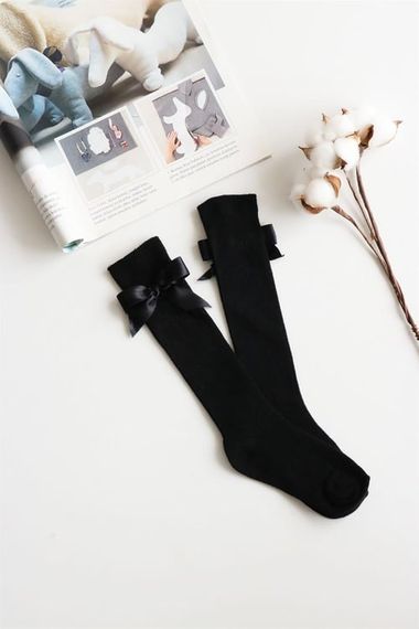 Girl's Bow Detailed Knee High Socks / Black AR-0090.2