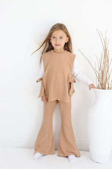 Girl's Simena Camel Tie Detailed Top Spanish Bottom Top Tracksuit Set - photo 4