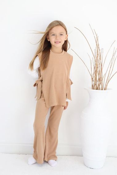 Girl's Simena Camel Tie Detailed Top Spanish Bottom Top Tracksuit Set - photo 2