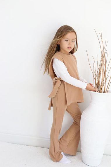 Girl's Simena Camel Tie Detailed Top Spanish Bottom Top Tracksuit Set - photo 5