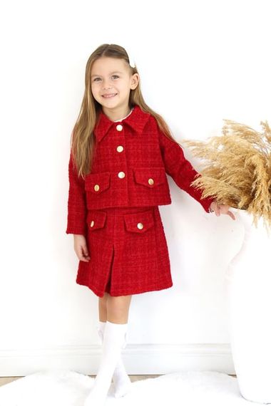 Girl's Carmen Red Tweed Long Sleeve Buttoned Skirt Jacket Suit - photo 5