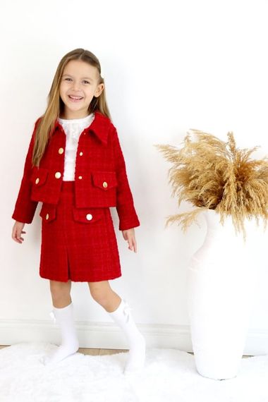 Girl's Carmen Red Tweed Long Sleeve Buttoned Skirt Jacket Suit - photo 1