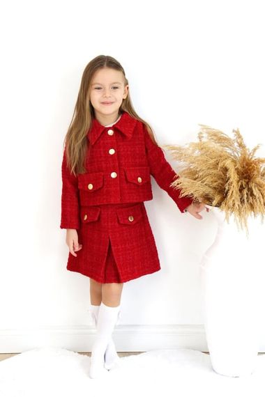 Girl's Carmen Red Tweed Long Sleeve Buttoned Skirt Jacket Suit - photo 4