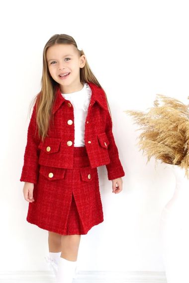 Girl's Carmen Red Tweed Long Sleeve Buttoned Skirt Jacket Suit - photo 2