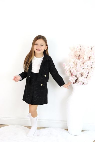 Girl's Carmen Black Tweed Long Sleeve Buttoned Skirt Jacket Suit - photo 2