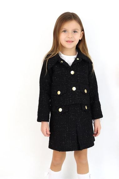 Girl's Carmen Black Tweed Long Sleeve Buttoned Skirt Jacket Suit - photo 5