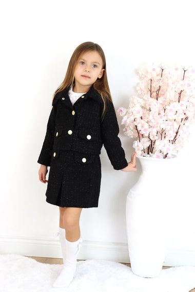 Girl's Carmen Black Tweed Long Sleeve Buttoned Skirt Jacket Suit - photo 4