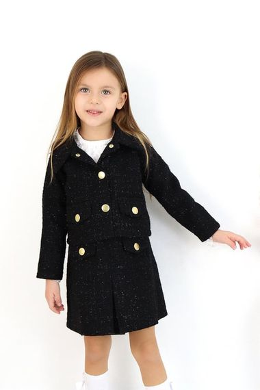 Girl's Carmen Black Tweed Long Sleeve Buttoned Skirt Jacket Suit - photo 1