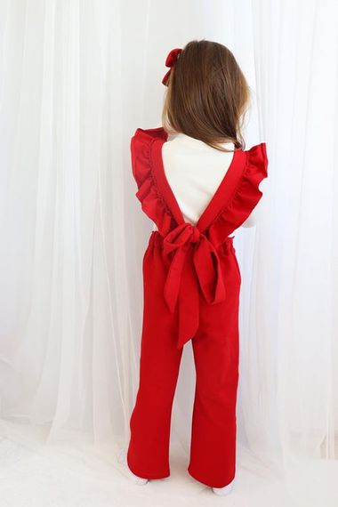 Girl's Berlin Red Cotton Frilly Tie Detailed Jumpsuit Salopet Buckle Suit TLM-0055.3 - photo 3