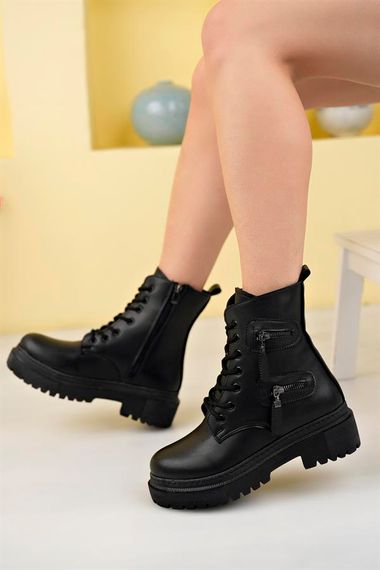 Black Women's PU Leather Boots Winter Thick Soled Zippered Lace-Up Medium Heel 5 Cm Heel Daily - photo 2
