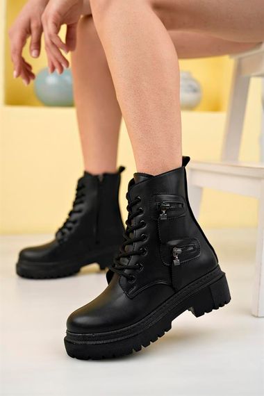 Black Women's PU Leather Boots Winter Thick Soled Zippered Lace-Up Medium Heel 5 Cm Heel Daily - photo 1