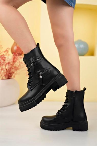 Black Women's PU Leather Boots Winter Thick Soled Zippered Lace-Up Medium Heel 5 Cm Heel Daily - photo 3