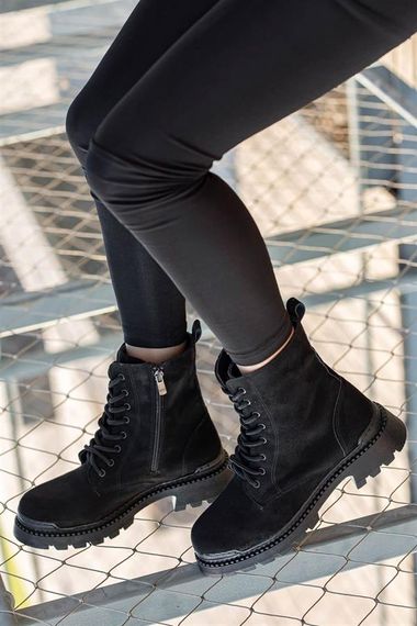 Black Suede Winter Stylish Women's Lace Up Zippered Thick Soled Medium Size Half 4 Cm Heel PU Leather Boots Boots - photo 3