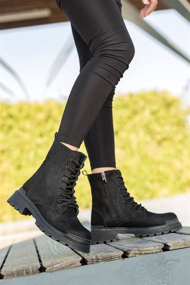 Black Suede Winter Stylish Women's Lace Up Zippered Thick Soled Medium Size Half 4 Cm Heel PU Leather Boots Boots - photo 2