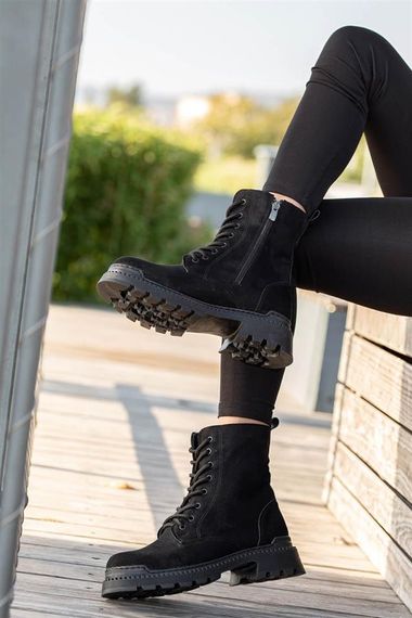 Black Suede Winter Stylish Women's Lace Up Zippered Thick Soled Medium Size Half 4 Cm Heel PU Leather Boots Boots - photo 5