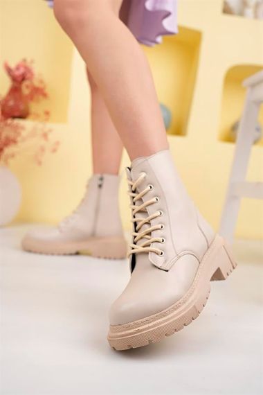 Nude Skin Women's Heeled Boots Winter Stylish Below the Knee Lace Up Zipper Thick Sole Medium Size Half 4 Cm - photo 2