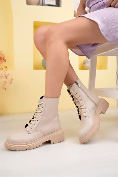 Nude Skin Women's Heeled Boots Winter Stylish Below the Knee Lace Up Zipper Thick Sole Medium Size Half 4 Cm - photo 4