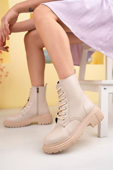 Nude Skin Women's Heeled Boots Winter Stylish Below the Knee Lace Up Zipper Thick Sole Medium Size Half 4 Cm - photo 3